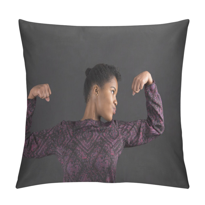 Personality  African woman with strong arms on blackboard background pillow covers