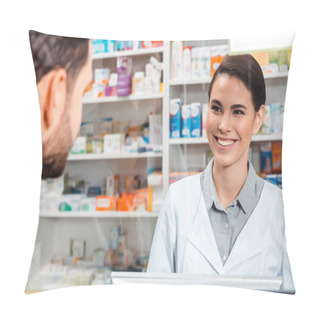 Personality  Selective Focus Of Druggist Smiling To Customer At Pharmacy Counter Pillow Covers