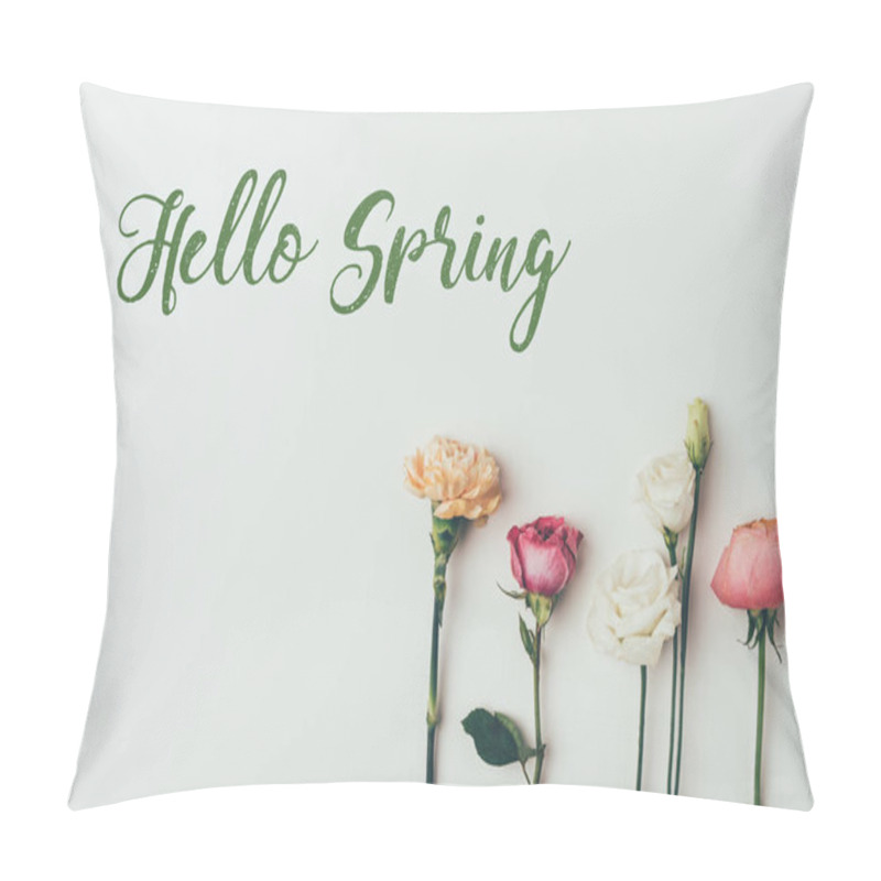 Personality  beautiful blossoming flowers and inscription hello spring on grey pillow covers