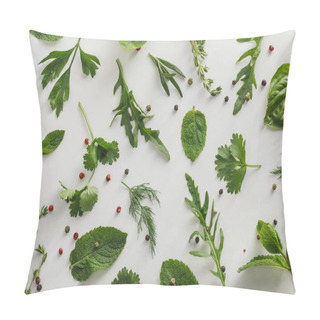 Personality  Top View Of Arugula, Basil, Cilantro, Dill, Parsley, Rosemary And Thyme Twigs With Peppercorns On White Background Pillow Covers