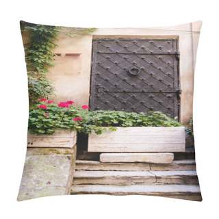 Personality  Facade Of Building With Stairs And Wooden Boxes With Plants Pillow Covers