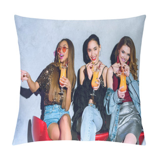 Personality  Happy Stylish Multiethnic Girls Sitting On Bar Stools And Drinking Cocktails At Party Pillow Covers