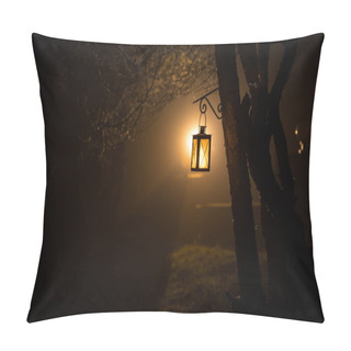 Personality  Beautiful Colorful Illuminated Lamp In The Garden In Misty Night. Retro Style Lantern At Night Outdoor. Selective Focus Pillow Covers