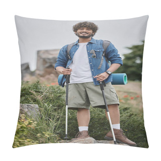 Personality  Positive Indian Hiker Standing With Backpack And Holding Hiking Sticks During Trekking, Wild Nature Pillow Covers