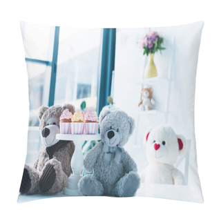 Personality  Selective Focus Of Teddy Bears On Table With Cupcakes On Stand  Pillow Covers