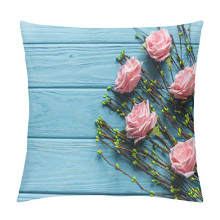 Personality  Wooden Blue Background With Blossoming Branches And Roses Pillow Covers