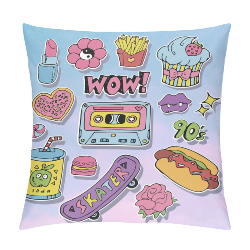 Personality  Cartoon stickers or patches set with 90s style design elements. pillow covers