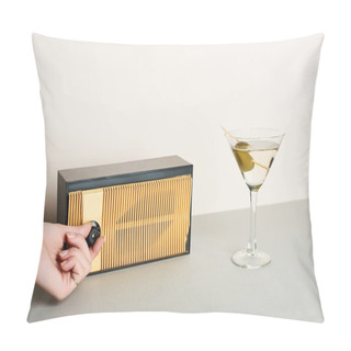 Personality  Cropped View Of Woman Adjusting Volume Of Retro Radio With Martini Cocktail Beside Pillow Covers
