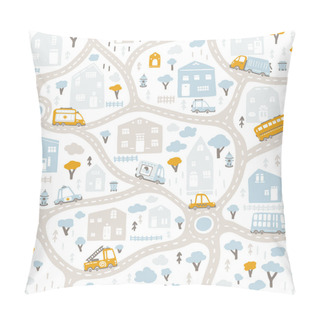 Personality  Baby City Map With Roads And Transport. Vector Seamless Pattern. Cartoon Illustration In Childish Hand-drawn Scandinavian Style. For Nursery Room, Textile, Wallpaper, Packaging, Clothing, Etc. Pillow Covers