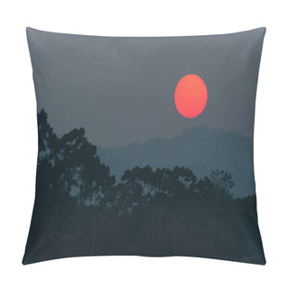 Personality  Fantastic The Red Sun Setting Above The Mountain. Pillow Covers