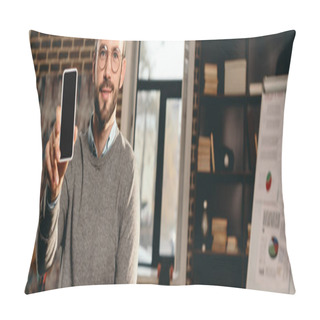Personality  Cropped View Of Casual Businessman Holding Smartphone With Blank Screen In Loft Office Pillow Covers