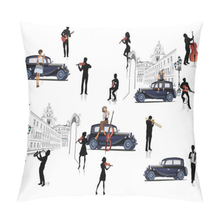 Personality  Series Of Street Musicians In The City. Jazz Band Near The Retro Car. Hand Drawn Vector Illustration With Retro Buildings. Pillow Covers