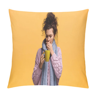 Personality  Sick Woman With Cup Of Tea Coughing Isolated On Orange Pillow Covers
