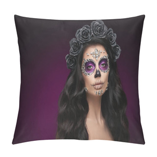 Personality  Portrait Of A Woman With Sugar Skull Makeup Over Purple Background. Halloween Costume And Make-up. Portrait Of Calavera Catrina Pillow Covers
