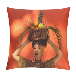 Personality  Young Adult African American Woman Holding Basket With Exotic Fruits On Head On Orange Pillow Covers