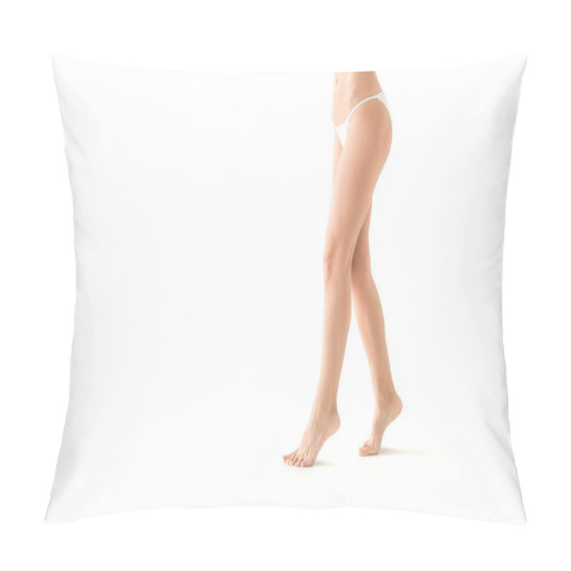 Personality  cropped view of beautiful girl posing in white bikini, isolated on white with copy space pillow covers