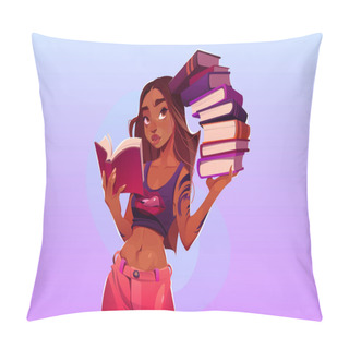 Personality  Black Student Woman Reading Book Cartoon Vector. Female Adult Study And Read Pile Of Textbook. African Thin Young Schoolgirl Character Holding Many Literature Hobby Lifestyle On Purple Background Pillow Covers