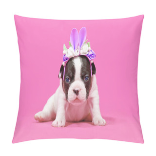 Personality  French Bulldog Dog Puppy Dressed Up As Easter Bunny With Rabbit Ears Headband With Flowers On Pink Background Pillow Covers