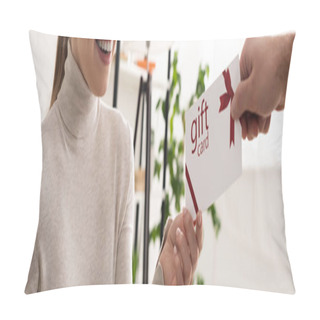 Personality  Cropped View Of Man Giving Gift Card To Smiling Woman  Pillow Covers