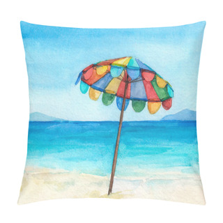 Personality  Rainbow Color Umbrella On The Tropical Beach. Watercolor Hand Drawn Illustration. Pillow Covers