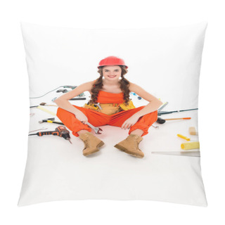 Personality  Smiling Girl In Overalls And Hardhat Sitting On Floor With Different Tools, Isolated On White Pillow Covers