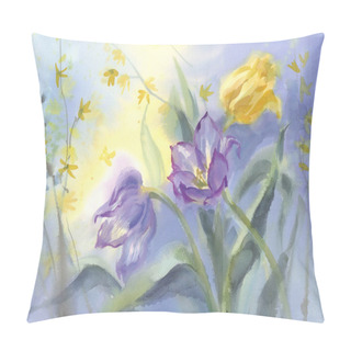 Personality  Violet Tulips With Pussy Willow Watercolor Background Pillow Covers