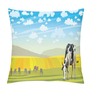 Personality  Cow And Green Meadow. Rural Landscape. Pillow Covers
