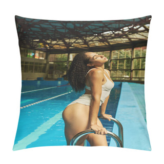 Personality  Relaxed Young African American Woman With Wet Curly Hair Standing By Pool Ladder, Serenity Pillow Covers