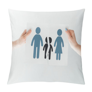 Personality  Cropped View Of Man And Woman Holding Ripped Paper With Separated Family On White  Pillow Covers
