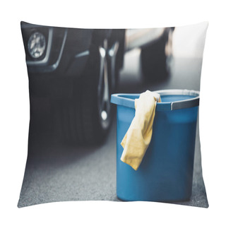 Personality  Blue Bucket And Yellow Rag On Asphalt Near Black Car Pillow Covers
