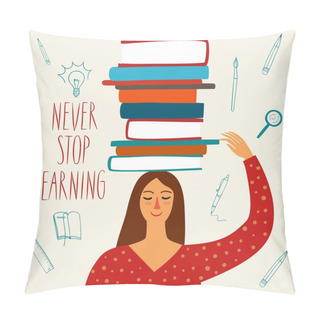 Personality  Cute Woman With Books On Her Head Pillow Covers