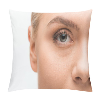 Personality  Cropped View Of Young Woman Looking At Camera Isolated On White  Pillow Covers