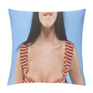 Personality  Cropped View Of Seductive Woman In Swimsuit Biting Lip On Blue Pillow Covers