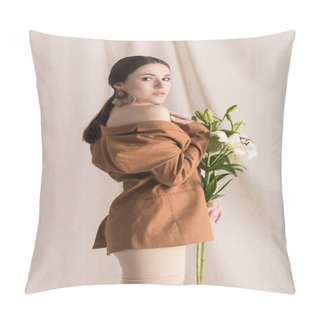 Personality  Side View Of Beautiful Model With Flowers In Hands Standing On Curtain Background, Looking At Camera Pillow Covers