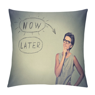Personality  Now Or Later. Woman Thinking Looking Up Pillow Covers
