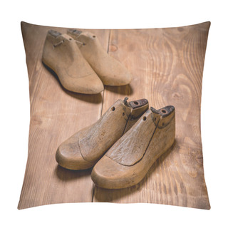 Personality  Shoe Lasts On Wooden Background. Pillow Covers