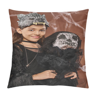 Personality  Portrait Of Smiling Preteen Girl Holding Scary Halloween Toy On Brown Backdrop, Halloween, Close Up Pillow Covers