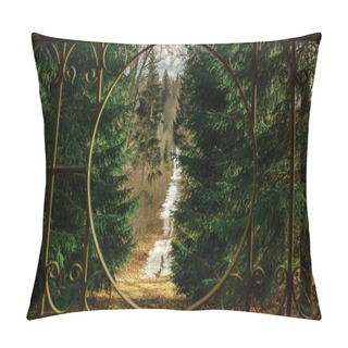 Personality  Beyond The Metal Gate Lies A Tranquil Path Winding Through The Majestic Fir Forest Of Birinu Pils Parks, Beckoning With Promises Of Serenity And Discovery. Pillow Covers