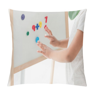 Personality  Cropped View Of African American Kid Touching Magnetic Easel With Magnets  Pillow Covers