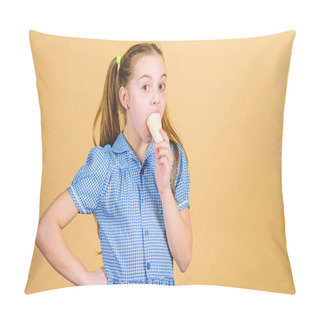 Personality  Change The World, One Dessert At A Time. Adorable Kid Enjoy Frozen Iced Cream Dessert. Small Child Licking Ice Cream Dessert In Waffle Cone. Cute Little Girl Eating Frozen Cream Dessert, Copy Space Pillow Covers
