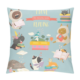 Personality  Funny Cartoon Cats Reading Books. Vector Set Pillow Covers