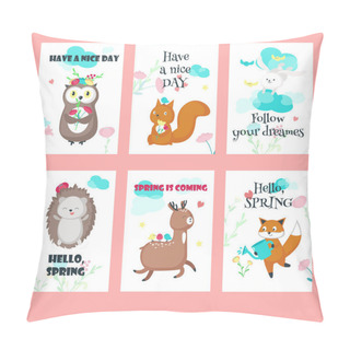 Personality  Vector Set Of Spring Cards With Forest Animals And Inspirational Quotes Pillow Covers