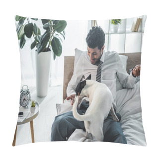 Personality  Smiling Bi-racial Businessman Feeding Jack Russell Terrier In Morning At Home  Pillow Covers