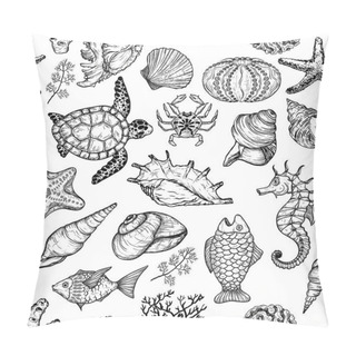 Personality  Seamless Pattern With Sketch Of Sea Shells, Fish, Corals And Turtle. Ocean Life Pillow Covers