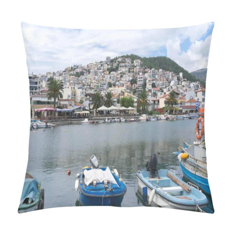 Personality  The Traditional Greek Fishing Boats In The Harbor Of Kavala In G Pillow Covers