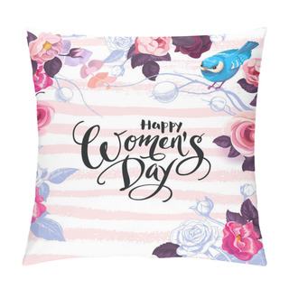 Personality Happy Womens Day. Handwritten Phrase Surrounded By Half-colored Flowers, Leaves And Cute Little Bird. 8 March Party Invitation. Vector Illustration In Retro Style For Greeting Card, Postcard, Flyer. Pillow Covers