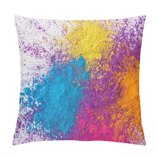 Personality  Top View Of Explotion Of Yellow, Purple, Orange And Blue Holi Powder On White Background Pillow Covers