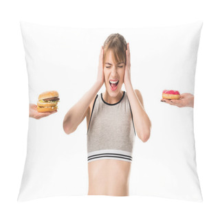 Personality  Screaming Slim Woman Refusing Of Junk Food Isolated On White Pillow Covers