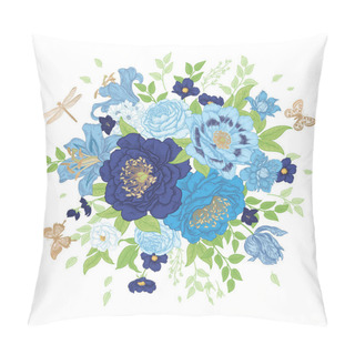 Personality  Wedding Floral Decoration. Flower Bouquet, Butterflies And Dragonfly. Garden Flowers Peonies, Roses, Lilies, Branches And Leaves. Navy Blue Flowers On White Background. Vector Illustration. Vintage. Pillow Covers