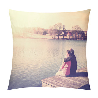Personality  Retro Filtered Photo Of A Couple Sitting On Pier. Pillow Covers